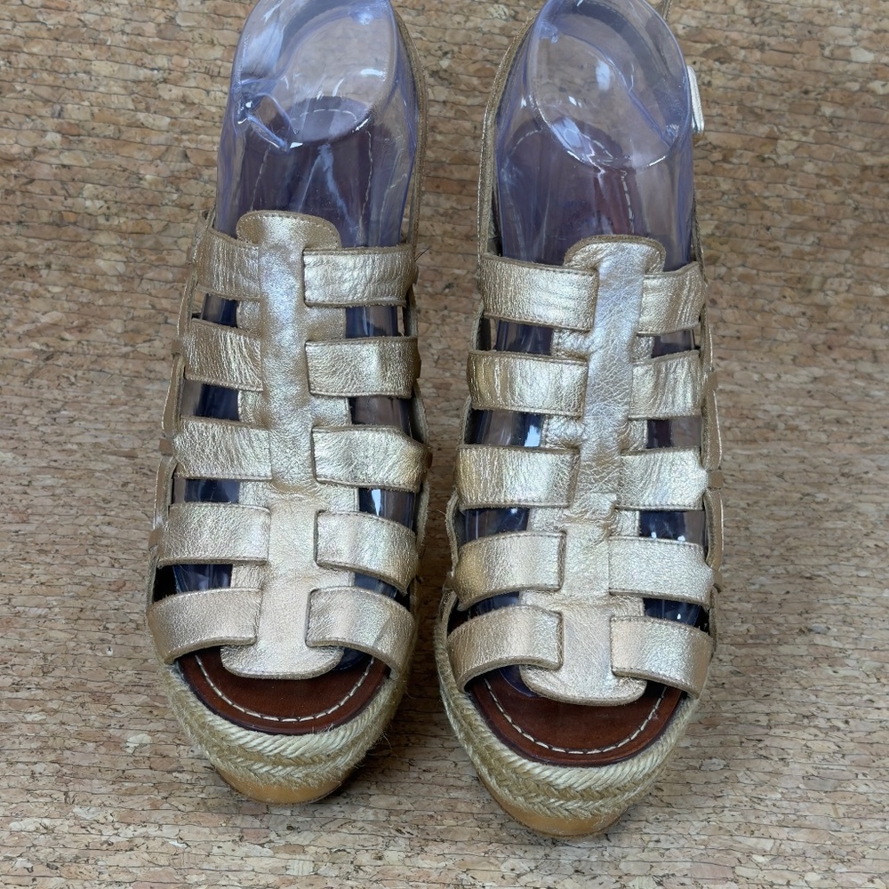 Christian Louboutin Gold Leather Espadrille Wedge Sandals EU 40